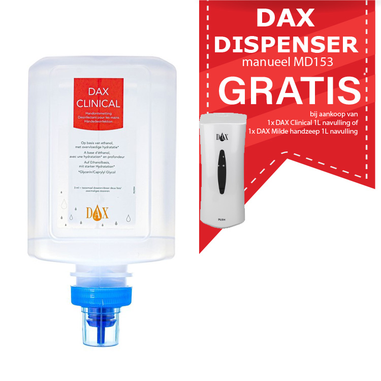 DAX gratis dispenser bij aankoop navulling clinical of zeep 1L